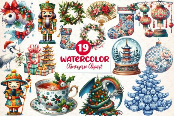 Chinoiserie Christmas Clipart for Brand Identity and Illustrations