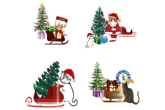 Christmas Cats and Sleigh Set of 4