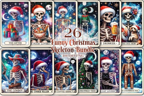 Funny Christmas Skeleton Tarot Cards: Illustrations for Holiday Crafting