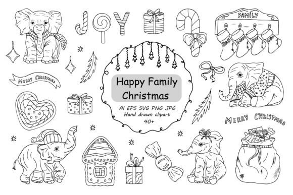 Happy Family Christmas Doodle Clipart Illustrations