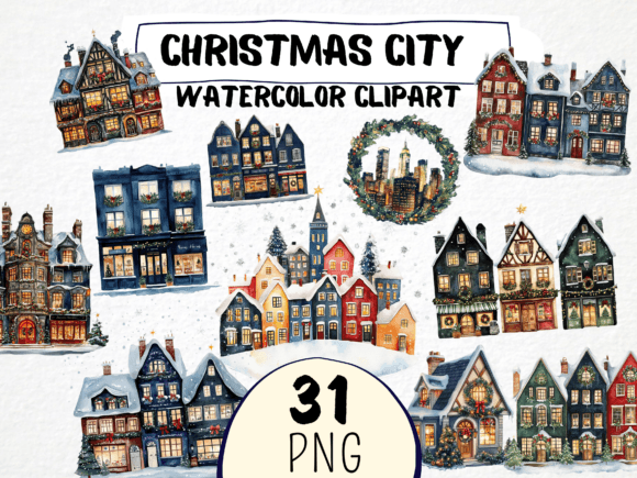 Watercolor Christmas City Clipart 31 Png Review