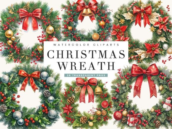 Watercolor Christmas Wreaths Clip Art for Illustrations