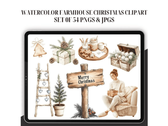 Watercolor Farmhouse Christmas Clipart for Illustrations
