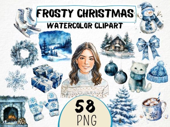 Watercolor Frosty Christmas Girl Clipart