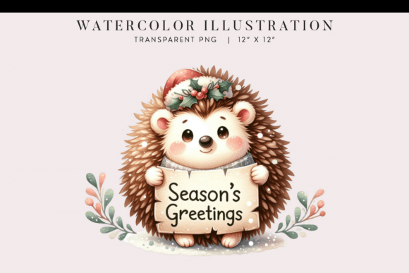 Watercolor Hedgehog Christmas Clipart for Illustrations